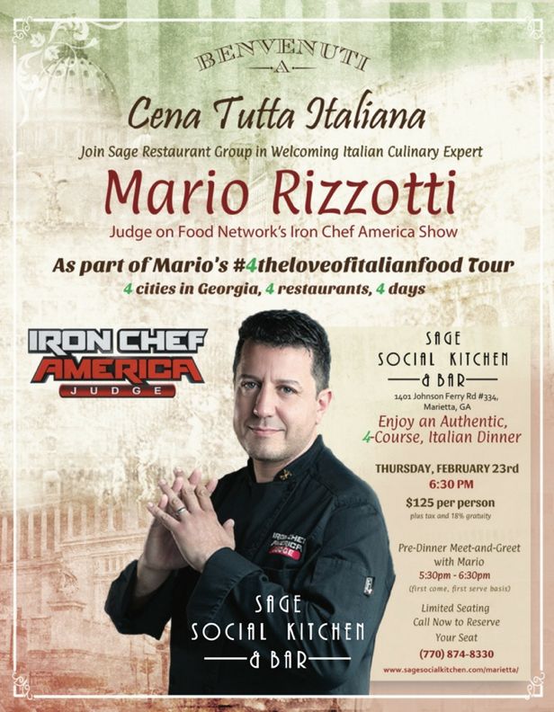 Food Network Iron Chef America Judge and Italian Culinary Expert, Mario Rizzotti at Sage Social Kitchen & Bar in Marietta
