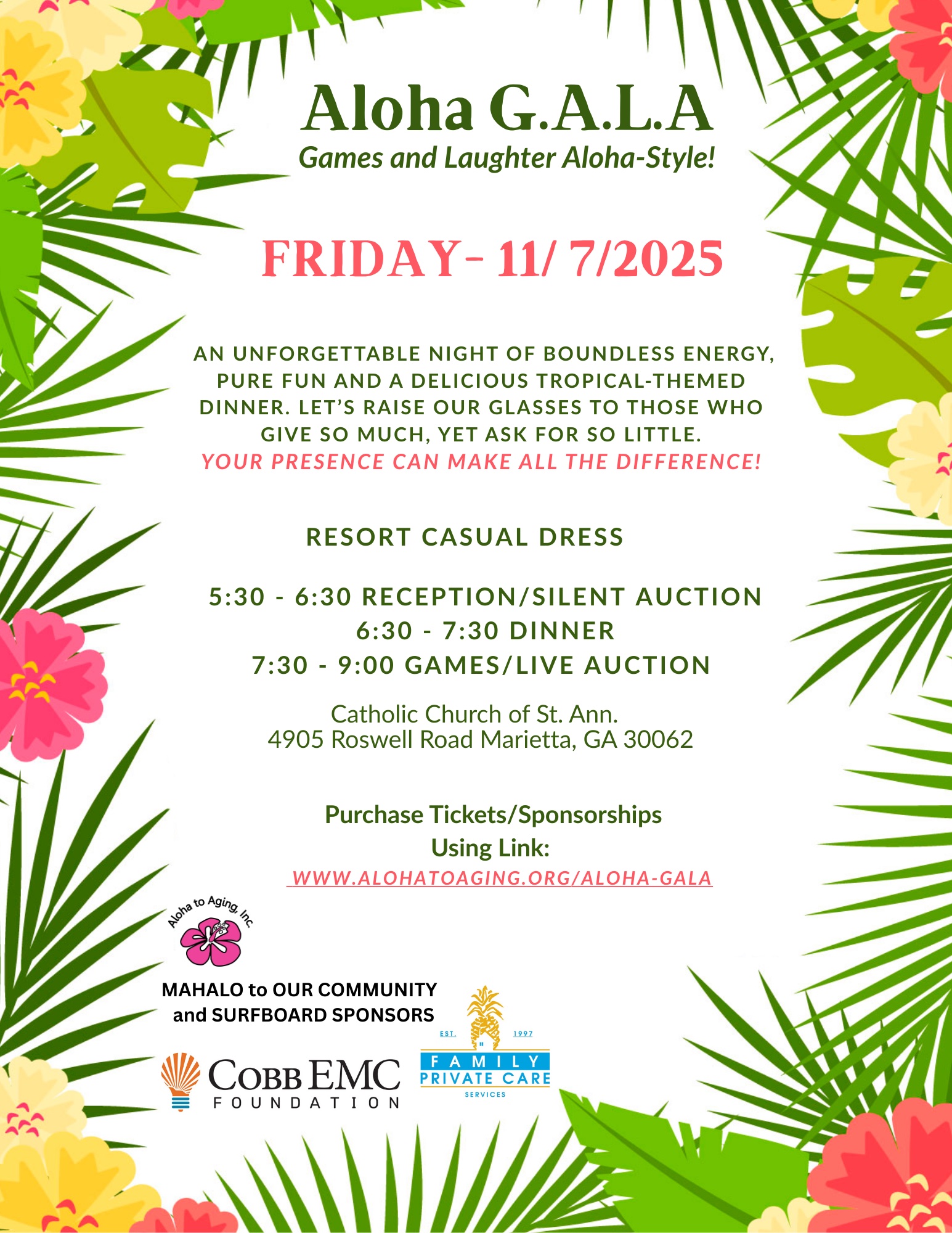 Aloha G.A.L.A. – Games And Laughter Aloha-Style Nov. 7th (Ticket deadline Oct 30th) Aloha G.A.L.A. - Games And Laughter Aloha-Style Nov. 7th (Ticket deadline Oct 30th)